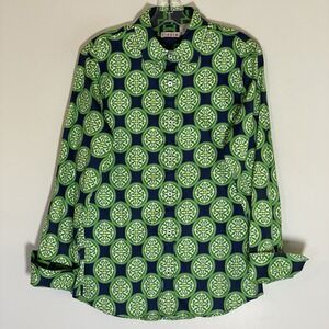 Tizzie Top Womens Medium Green Blue Geometric Medallion Button Up Preppy Artsy M